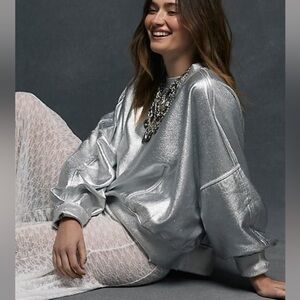 FREE PEOPLE & GAIA COLLAB COATED SWEATSHIRT in Silver Foil NWT sz M
